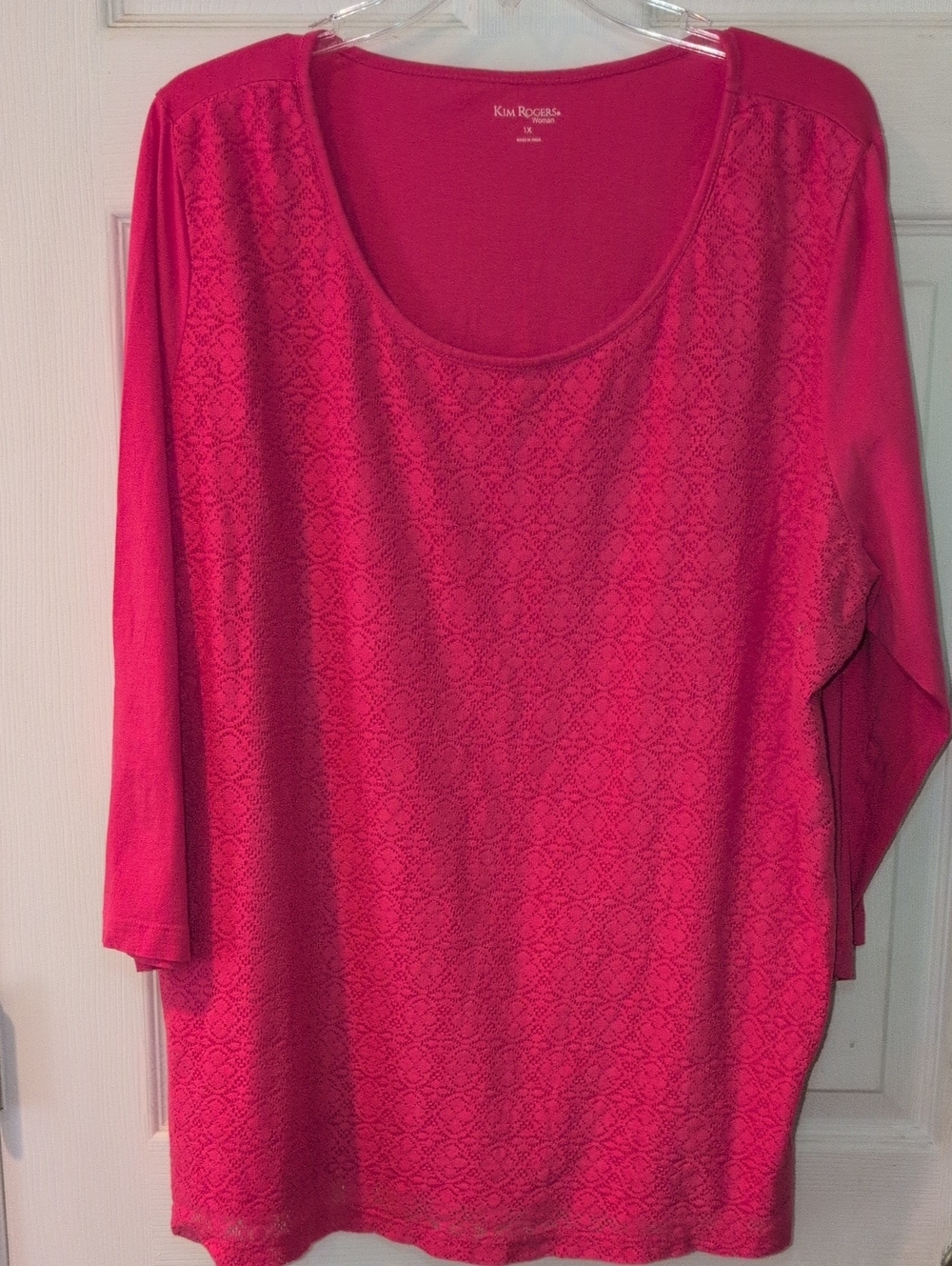 Kim Rogers Bright Pink Lace-Front Long Sleeve Scoop Neck Top